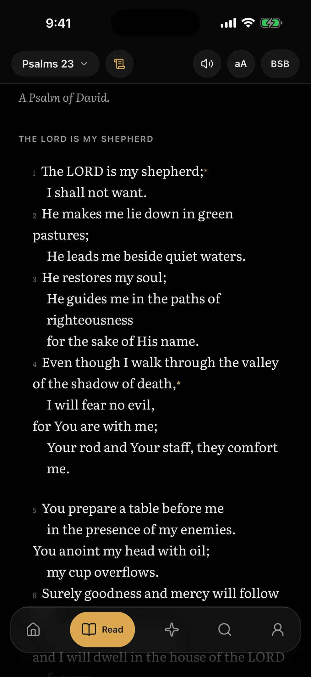 The Chasten app open to Psalm 23 in the Berean Standard Bible