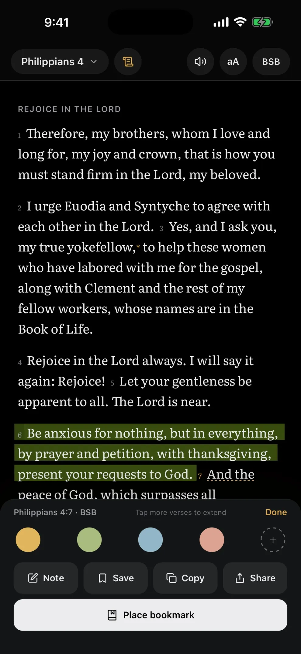 Philippians 4:6 highlighted in green in the Chasten reader, with the tray for a note, saving, copying and sharing