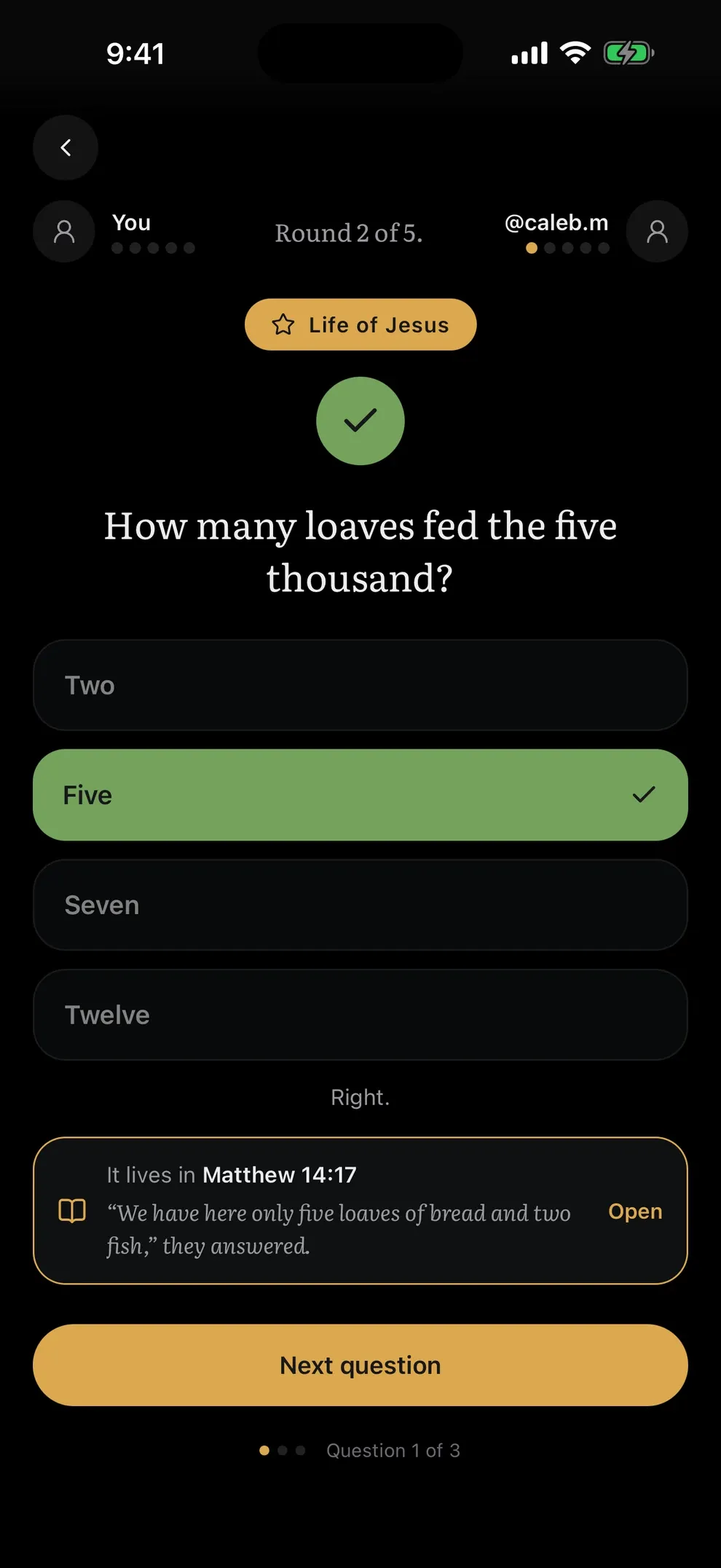 A Bible Trivia answer in Chasten that cites Matthew 14:17, with a button to open the verse